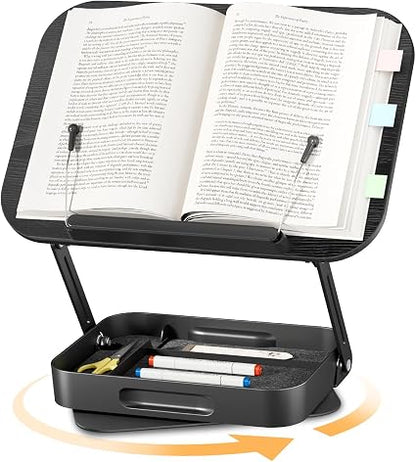 SupeDesk 360° Rotating Adjustable Book Stand with Storage Drawer – Wood & Aluminum Book Holder with Page Clips