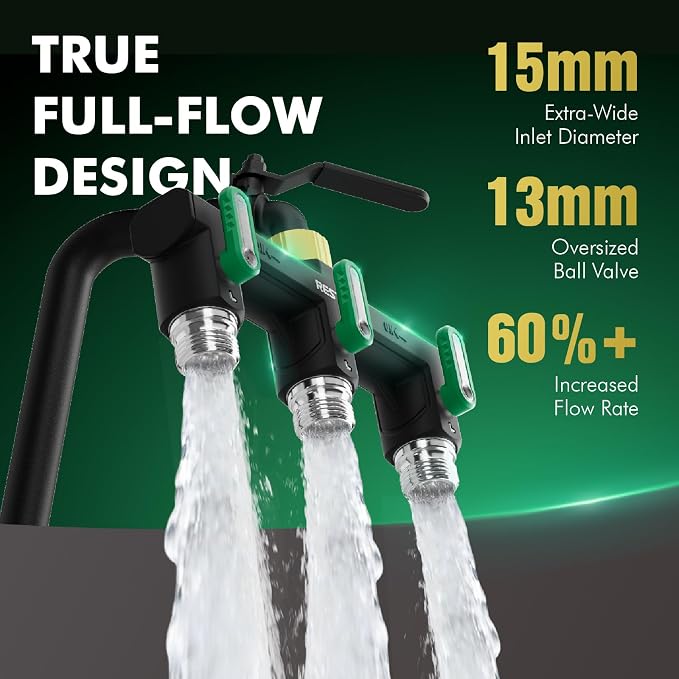 RESTMO 3-Way Garden Hose Splitter – Heavy-Duty Metal 3/4" GHT Faucet Adapter with 3 Shut-Off Valves, Full-Flow Design & Extended Handles