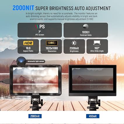 NEEWER F700 7-Inch 2000-Nit Camera Field Monitor – 1080P IPS Touchscreen, 4K HDMI In/Out, 3D LUT, HDR, Waveform & 2 NP-F750 Batteries