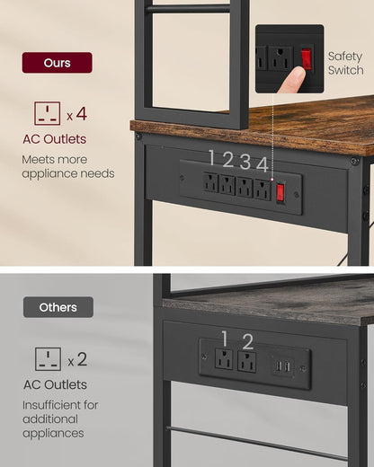 Kitchen Baker's Rack with Power Outlet, Coffee Bar Station, Microwave Stand and 6 Tier Storage Shelves with Hooks 31.5" Rustic Brown and Ink Black KKS119K01