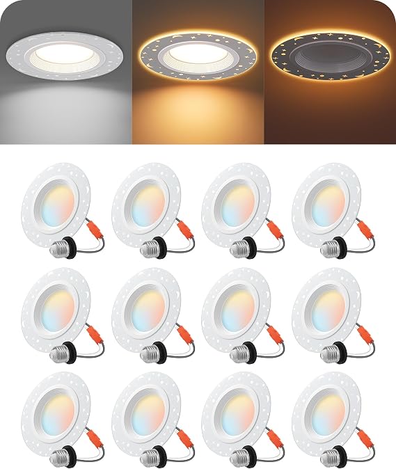 EDISHINE 4-Inch LED Recessed Can Lights with Night Light – 12 Pack, 8W 700LM, 5CCT Selectable, Dimmable Star & Moon Retrofit Downlights