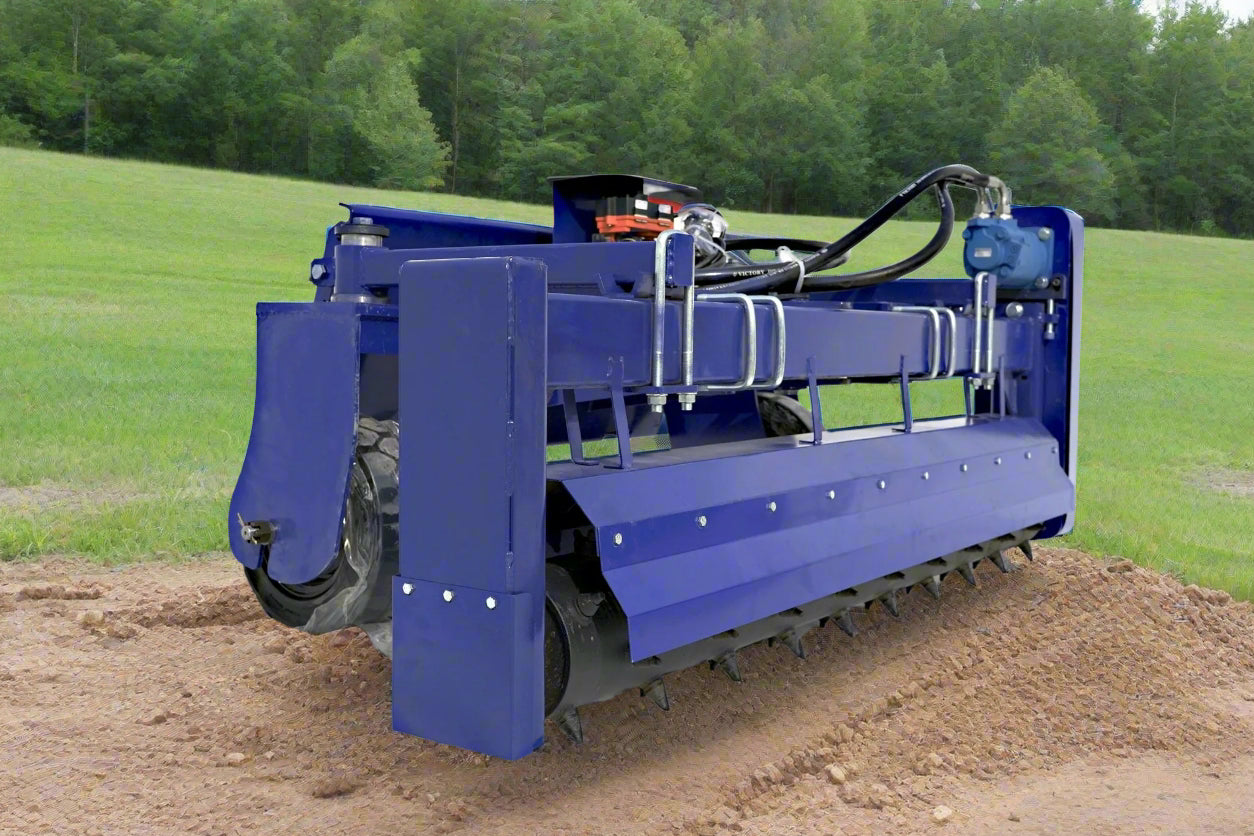 72" hydraulic soil conditioner attachment on a skid steer
Remote-controlled drum system with carbide teeth
Side view of skid steer soil conditioner in action
Soil prep tool for seedbeds and landscaping
Durable construction of 72-inch soil conditioner