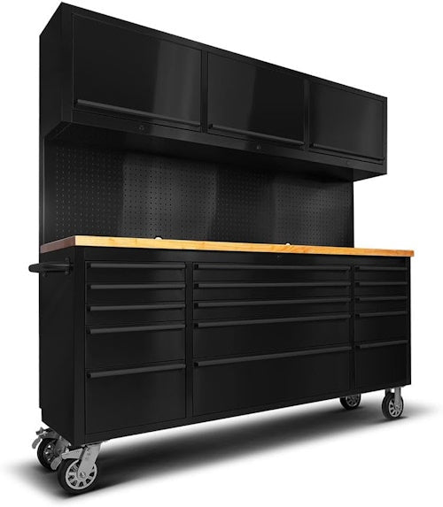 72" Stainless Steel Tool Bench with 15 Drawers & 3 Upper Cabinets – Black Tool Storage Workstation HTC7218BS - with | Sold by Uncle Wiener's Wholesale