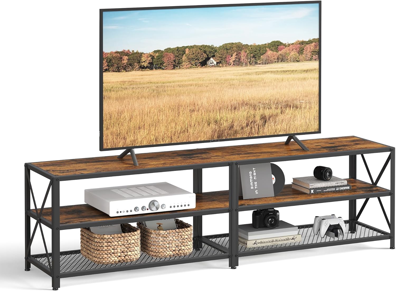 75 Inch Industrial TV Stand with Storage Shelves, Entertainment Center with Steel Frame and Mesh Shelf for Living Room and Bedroom Rustic Brown and Black LTV096B01 - with | Sold by Uncle Wiener's Wholesale