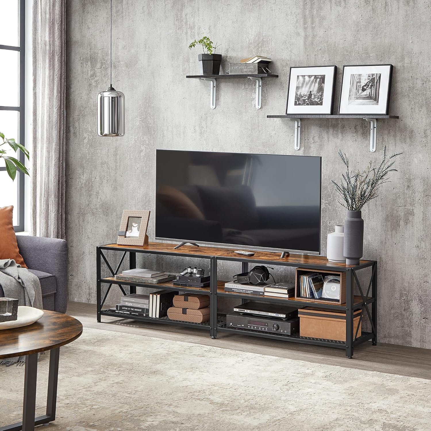 75 Inch Industrial TV Stand with Storage Shelves, Entertainment Center with Steel Frame and Mesh Shelf for Living Room and Bedroom Rustic Brown and Black LTV096B01 - with | Sold by Uncle Wiener's Wholesale