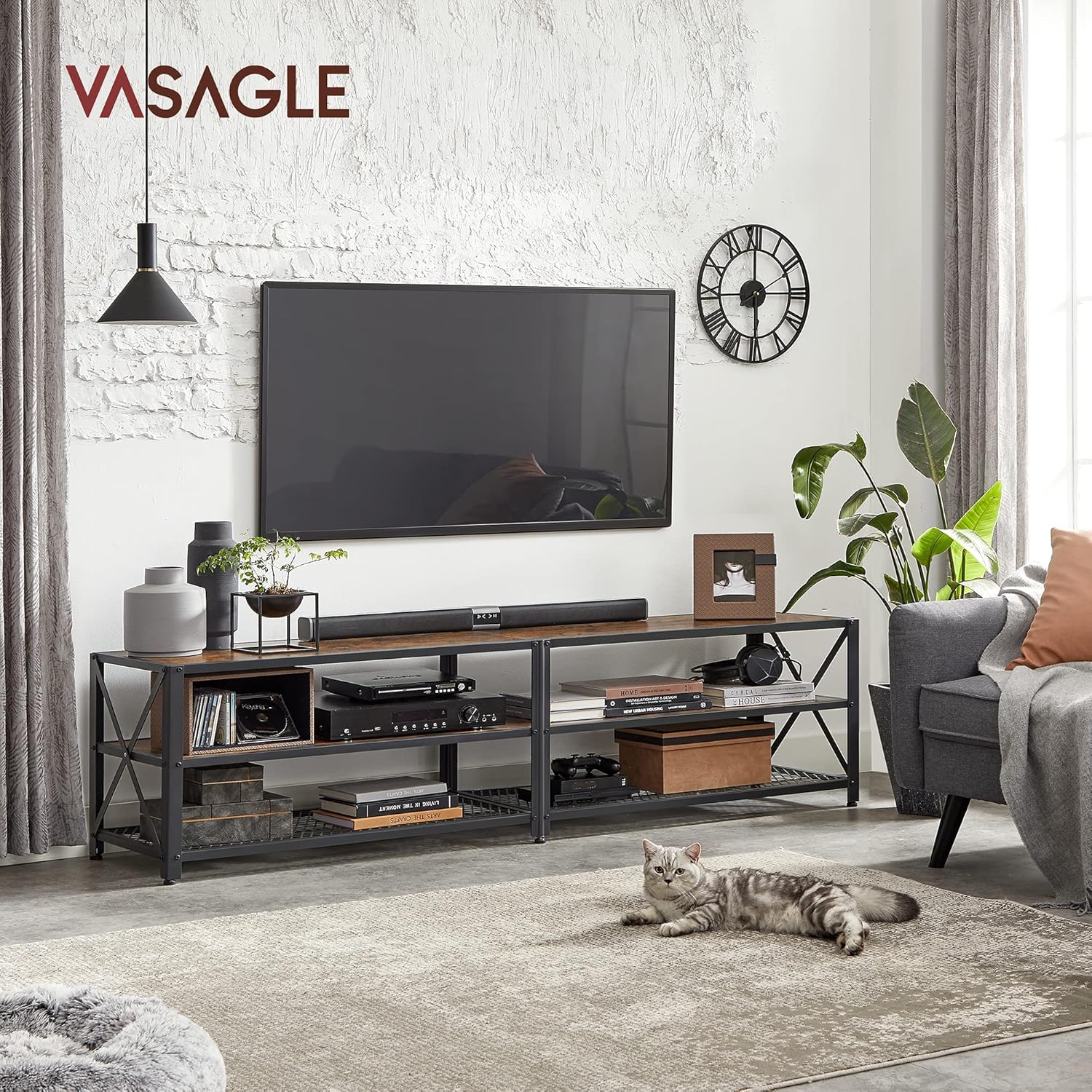 75 Inch Industrial TV Stand with Storage Shelves, Entertainment Center with Steel Frame and Mesh Shelf for Living Room and Bedroom Rustic Brown and Black LTV096B01 - with | Sold by Uncle Wiener's Wholesale