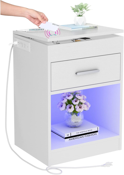 Smart Night Stand Bedside Table with Charging Station LED Lights and Lock White / Black BT034W