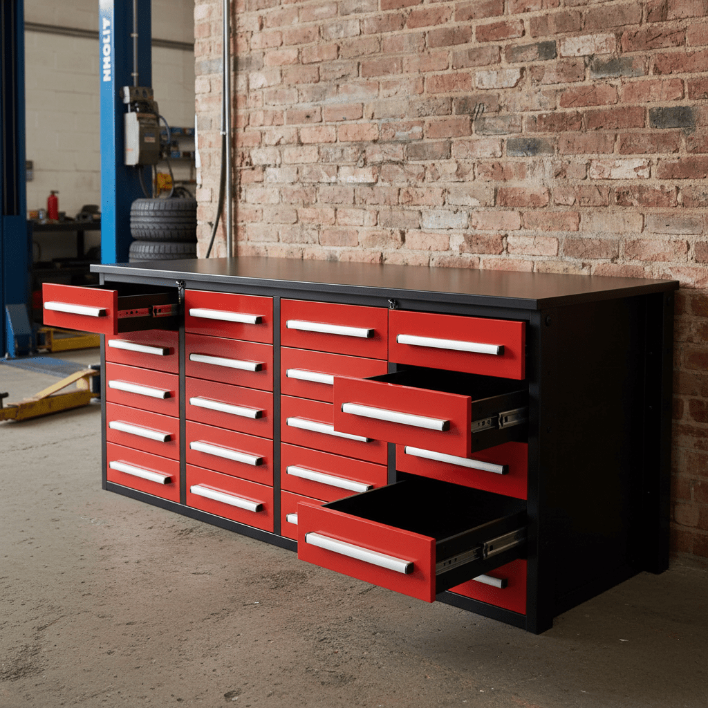 7FT Heavy - Duty Steel Tool Bench – Workbench with Drawers for Garage & Workshop - Tool Benches & Workstations with RED 7 FT 20 DRAWER | Sold by Uncle Wiener's Wholesale