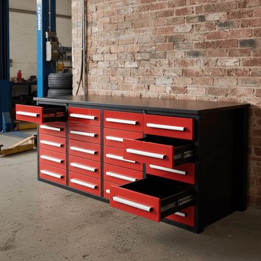 7FT Heavy - Duty Steel Tool Bench – Workbench with Drawers for Garage & Workshop - Tool Benches & Workstations with RED 7 FT 20 DRAWER | Sold by Uncle Wiener's Wholesale