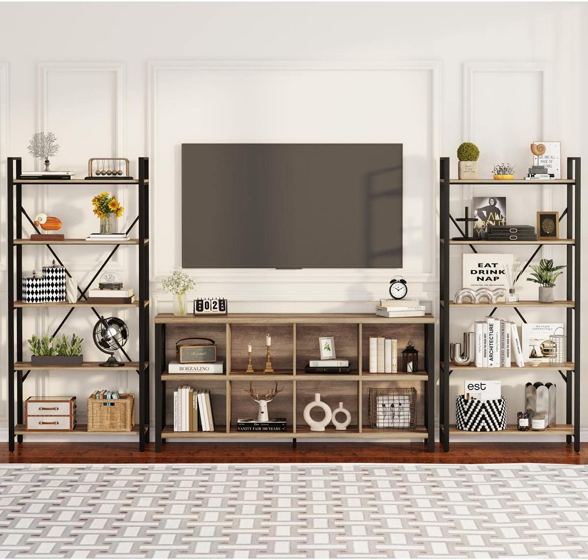 8 - Cube Storage Organizer Bookshelf – Rustic Industrial Wood and Metal Shelf Unit, 62” Wide – MH24207 - with | Sold by Uncle Wiener's Wholesale