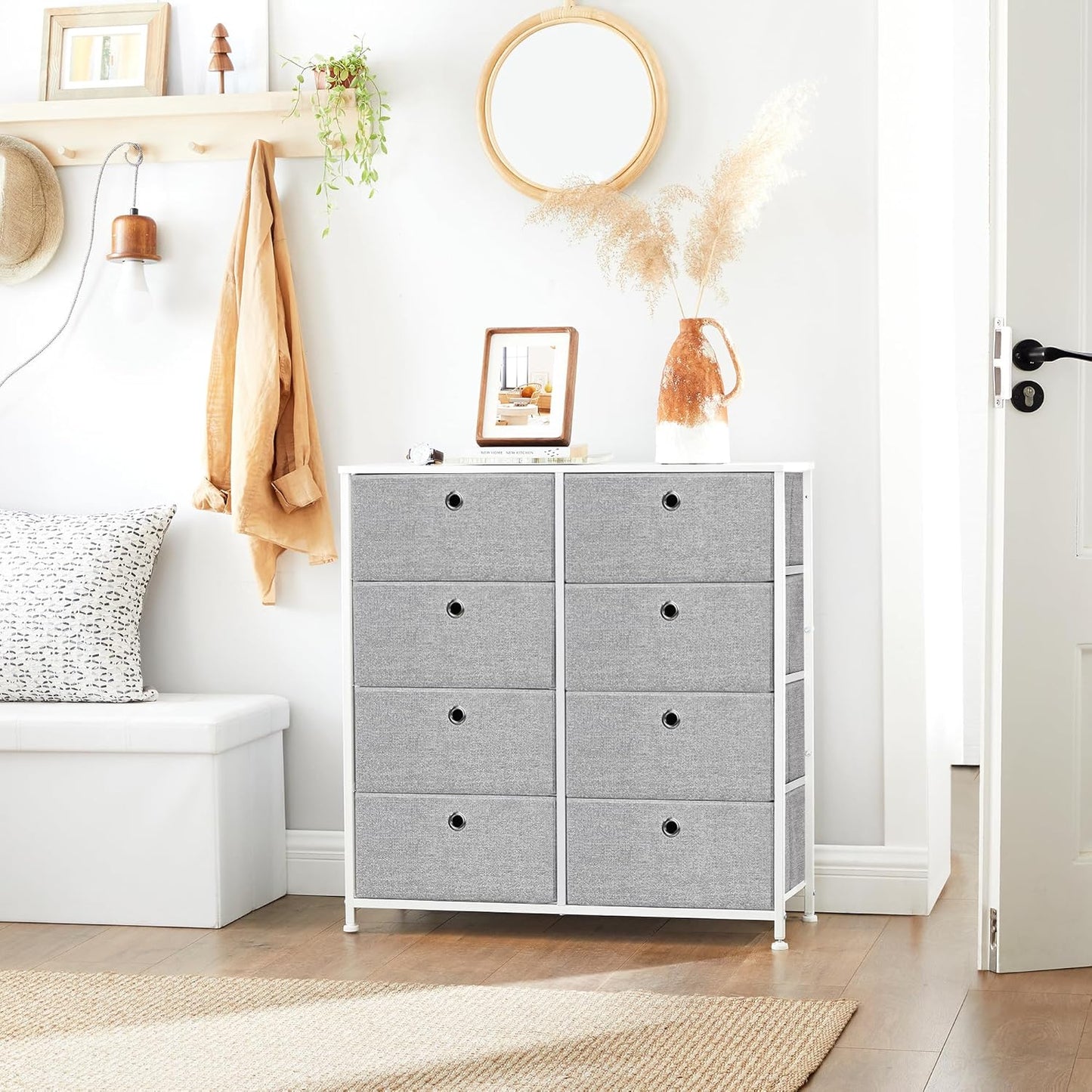 8 Drawer Fabric Dresser Storage Cabinet, Bedroom Chest of Drawers with Metal Frame and Wide Fabric Drawers for Bedroom, Closet and Hallway Light Gray and White LTS24W - with | Sold by Uncle Wiener's Wholesale