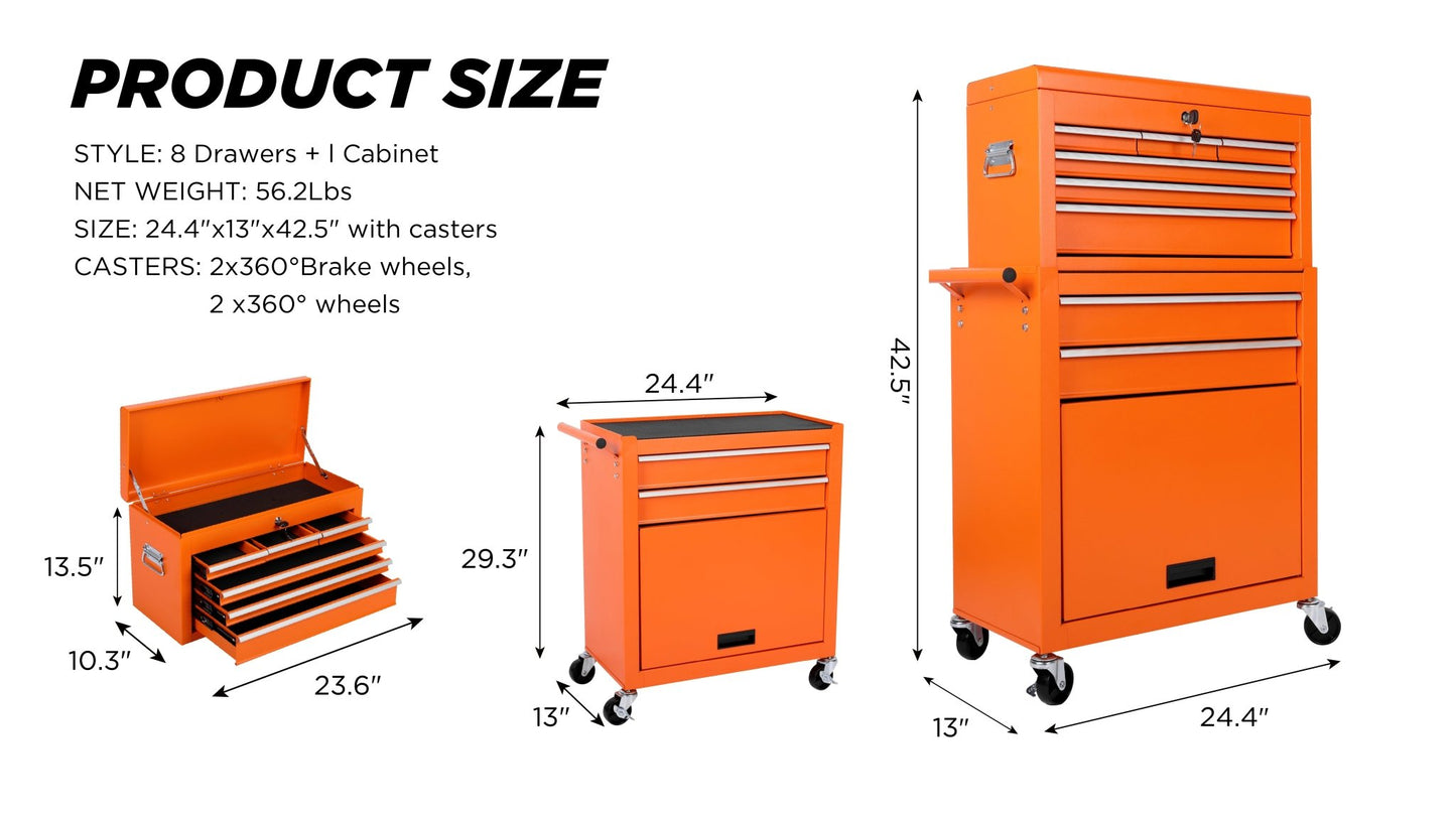 8 Drawer Rolling Tool Cabinet with Casters Heavy Duty Steel Garage Storage – Black Red Blue Orange - with Orange | Sold by Uncle Wiener's Wholesale