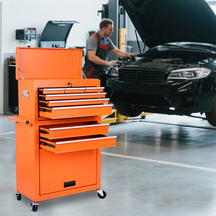 8 Drawer Rolling Tool Cabinet with Casters Heavy Duty Steel Garage Storage – Black Red Blue Orange - with Orange | Sold by Uncle Wiener's Wholesale