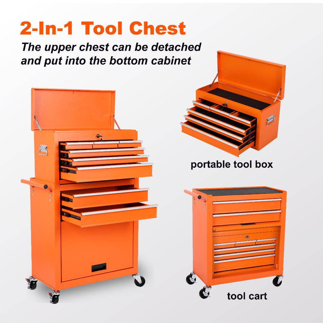8 Drawer Rolling Tool Cabinet with Casters Heavy Duty Steel Garage Storage – Black Red Blue Orange - with Orange | Sold by Uncle Wiener's Wholesale