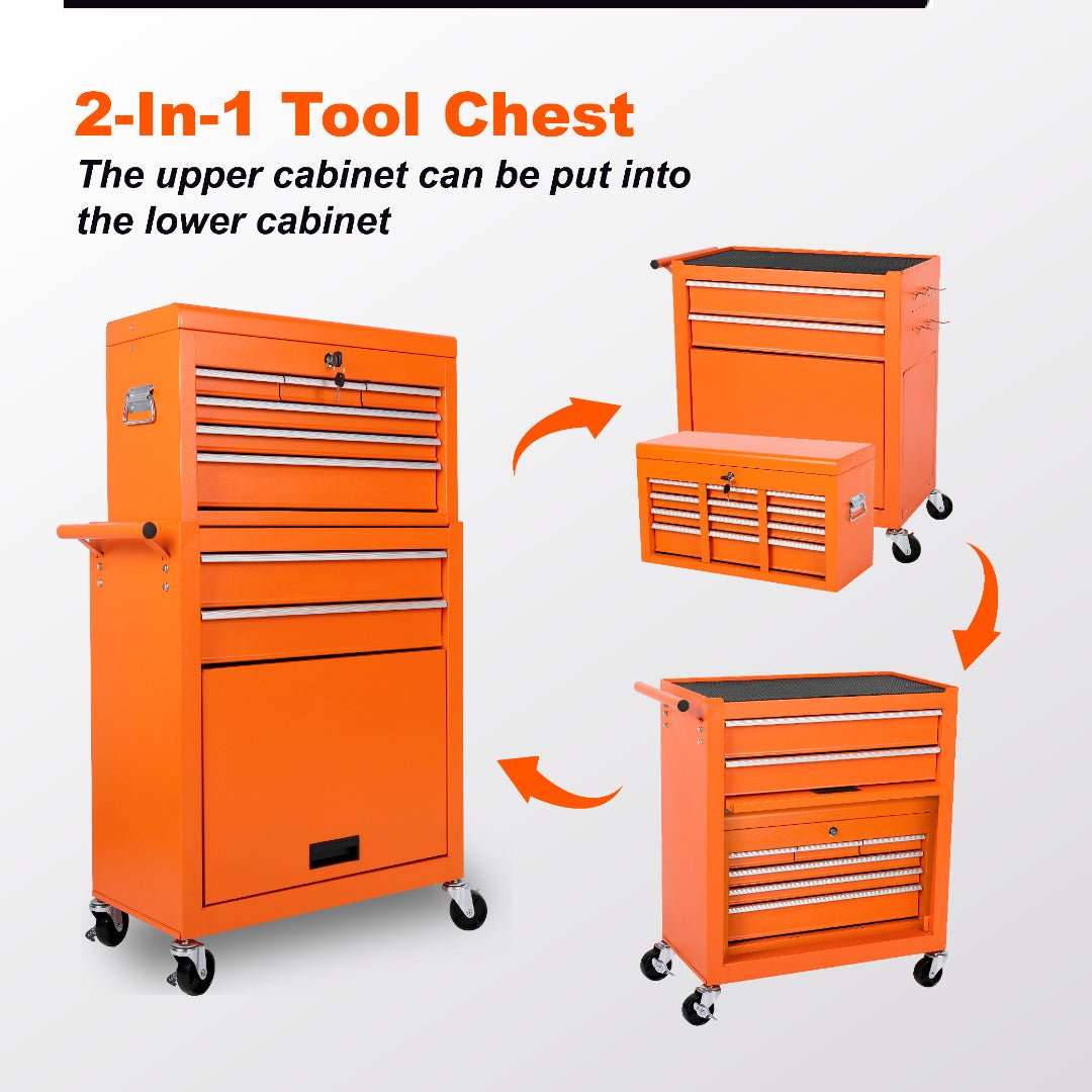8 Drawer Rolling Tool Cabinet with Casters Heavy Duty Steel Garage Storage – Black Red Blue Orange - with Orange | Sold by Uncle Wiener's Wholesale