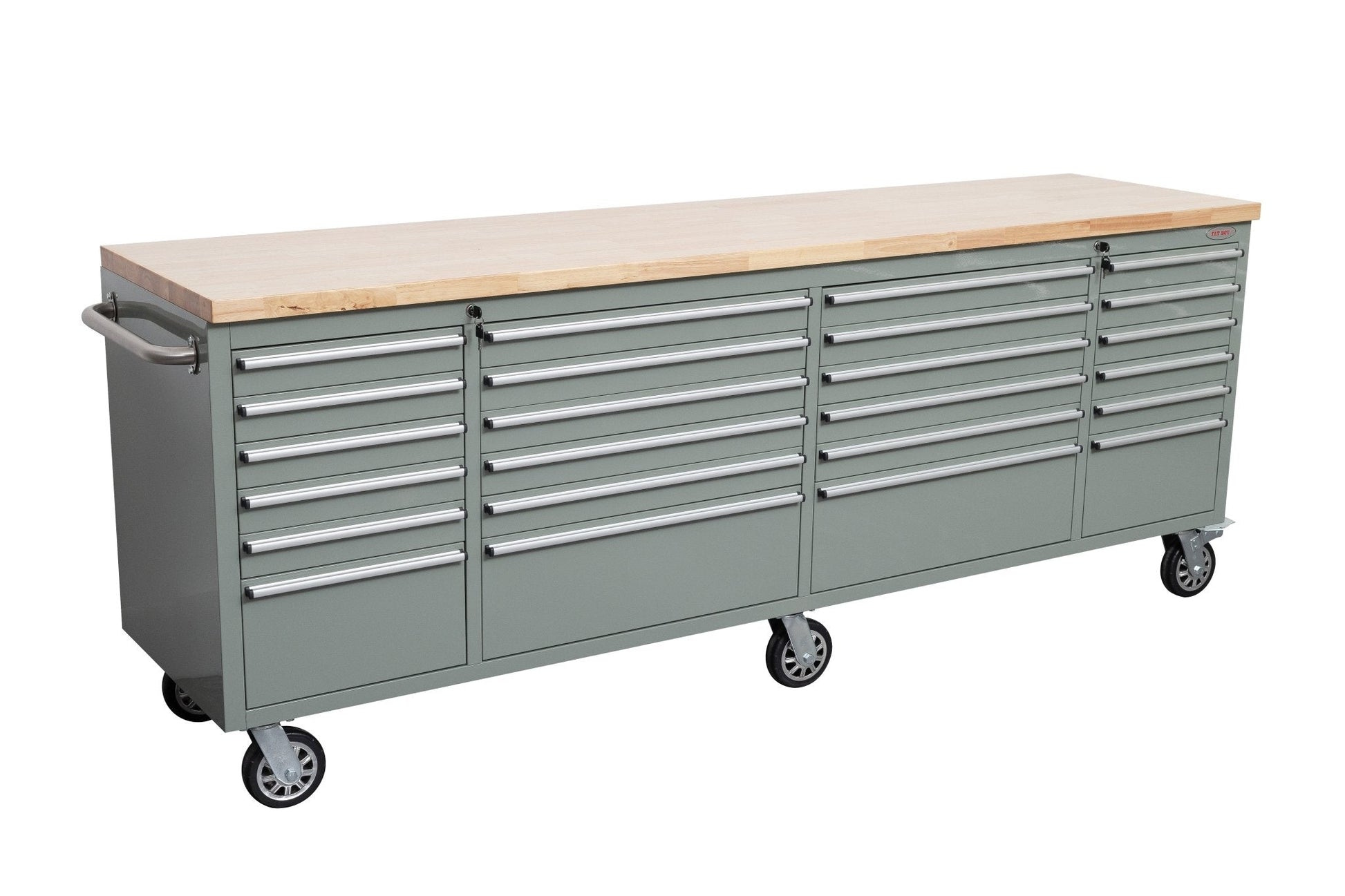 8FT Fatboy industrial tool bench with drawers and USB ports
Heavy-duty 24-drawer tool bench with stainless steel finish
Workshop organization tool bench with hardwood top
Mobile workbench with caster wheels and lockable drawers