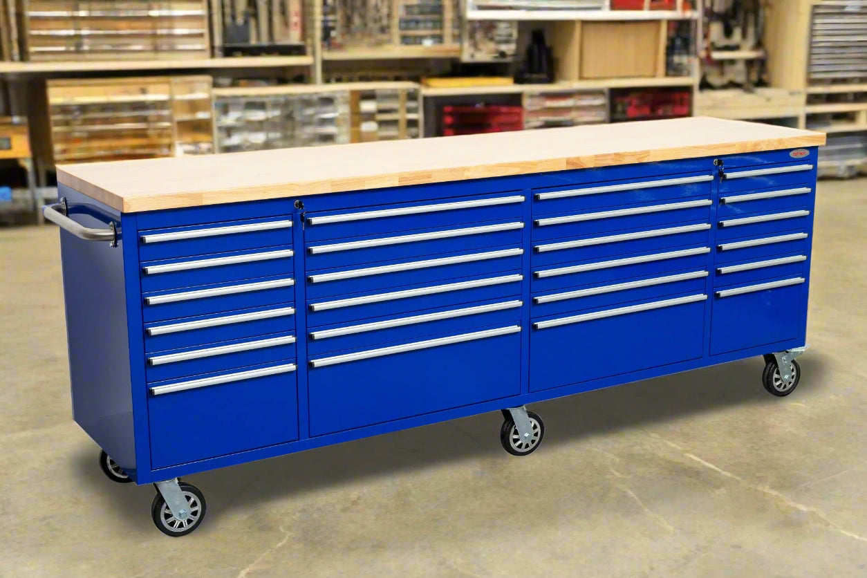 8 FT 24 - Drawer Fatboy Tool Workbench | Heavy - Duty Bench with Power & USB Options - with Dark Blue | Sold by Uncle Wiener's Wholesale