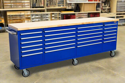 8 FT 24 - Drawer Fatboy Tool Workbench | Heavy - Duty Bench with Power & USB Options - with Dark Blue | Sold by Uncle Wiener's Wholesale