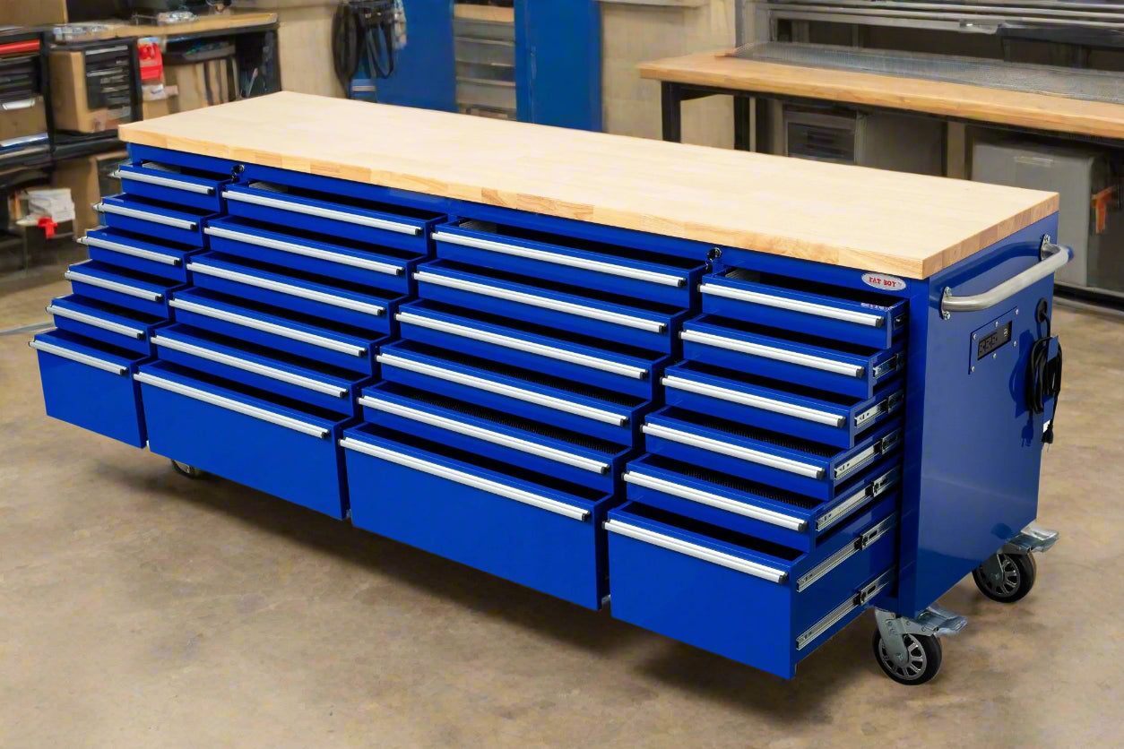 8 FT 24 - Drawer Fatboy Tool Workbench | Heavy - Duty Bench with Power & USB Options - with Dark Blue | Sold by Uncle Wiener's Wholesale