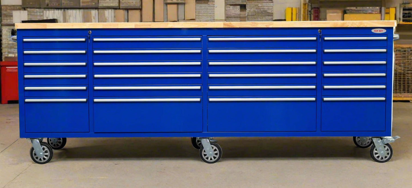 8 FT 24 - Drawer Fatboy Tool Workbench | Heavy - Duty Bench with Power & USB Options - with Blue | Sold by Uncle Wiener's Wholesale