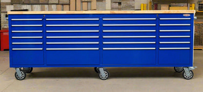 8 FT 24 - Drawer Fatboy Tool Workbench | Heavy - Duty Bench with Power & USB Options - with Blue | Sold by Uncle Wiener's Wholesale