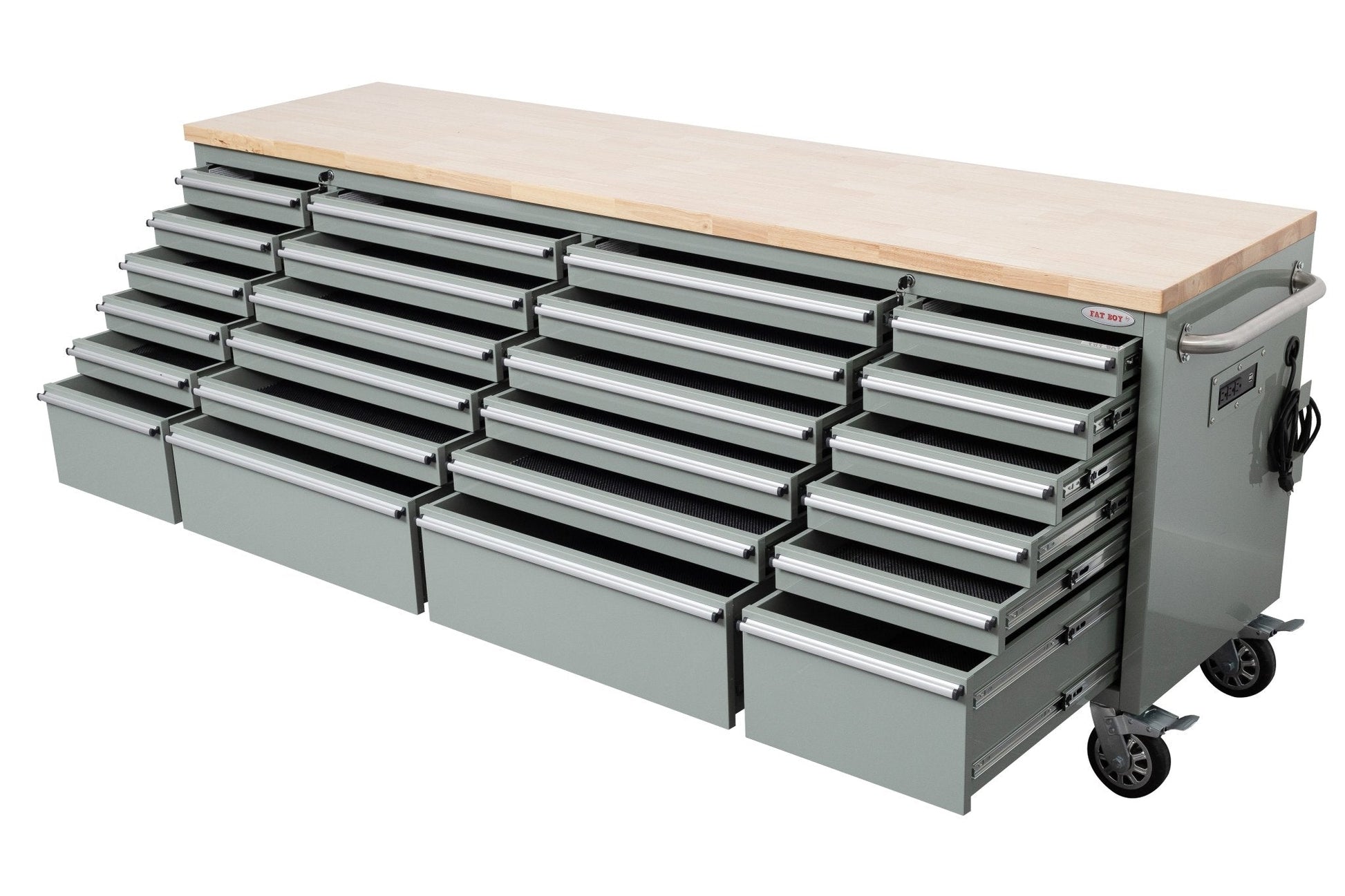 8 FT 24 - Drawer Fatboy Tool Workbench | Heavy - Duty Bench with Power & USB Options - with Cement Gray | Sold by Uncle Wiener's Wholesale