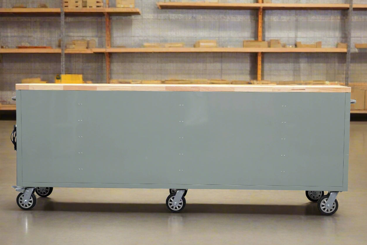 8FT Fatboy industrial tool bench with drawers and USB ports
Heavy-duty 24-drawer tool bench with stainless steel finish
Workshop organization tool bench with hardwood top
Mobile workbench with caster wheels and lockable drawers