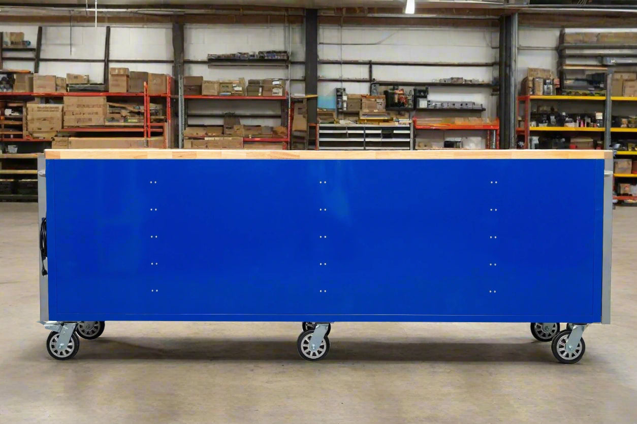 8FT Fatboy industrial tool bench with drawers and USB ports
Heavy-duty 24-drawer tool bench with stainless steel finish
Workshop organization tool bench with hardwood top
Mobile workbench with caster wheels and lockable drawers