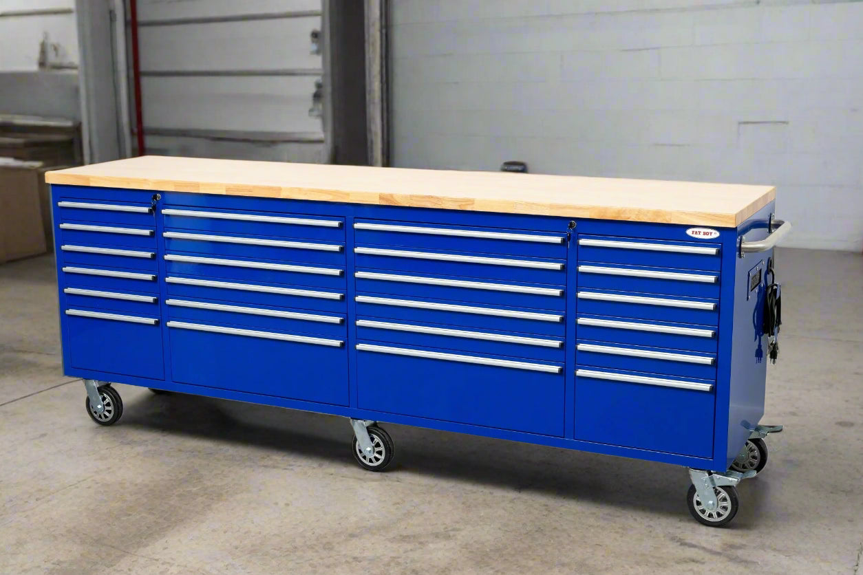 8 FT 24 - Drawer Fatboy Tool Workbench | Heavy - Duty Bench with Power & USB Options - with Dark Blue | Sold by Uncle Wiener's Wholesale