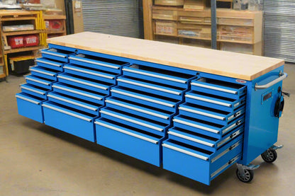 8FT Fatboy industrial tool bench with drawers and USB ports
Heavy-duty 24-drawer tool bench with stainless steel finish
Workshop organization tool bench with hardwood top
Mobile workbench with caster wheels and lockable drawers