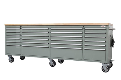 8FT Fatboy industrial tool bench with drawers and USB ports
Heavy-duty 24-drawer tool bench with stainless steel finish
Workshop organization tool bench with hardwood top
Mobile workbench with caster wheels and lockable drawers