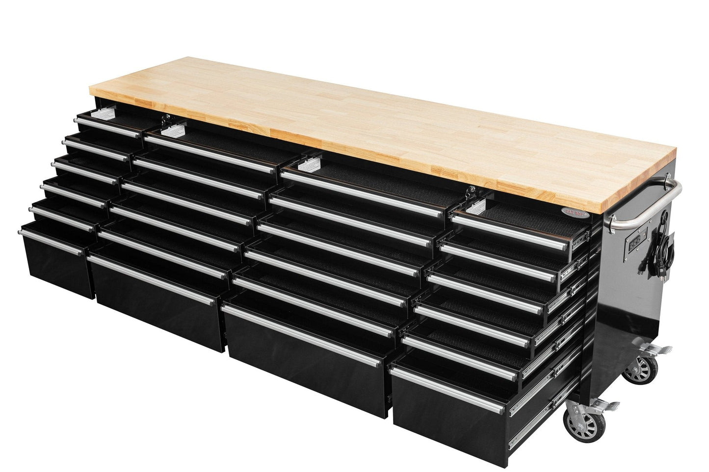 8 FT Fatboy Workbench – 24 - Drawer Heavy - Duty Tool Bench with Power & USB | FB24D8FT - with Gun Metal Stainless Steel Black | Sold by Uncle Wiener's Wholesale