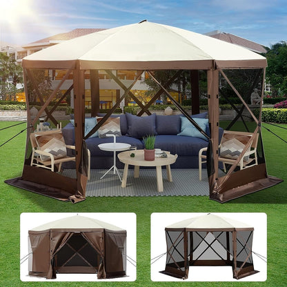 8 - Person 12x12 FT Hexagon Pop - Up Gazebo Tent – Mesh Sides & UV Protection | S1252 - with | Sold by Uncle Wiener's Wholesale