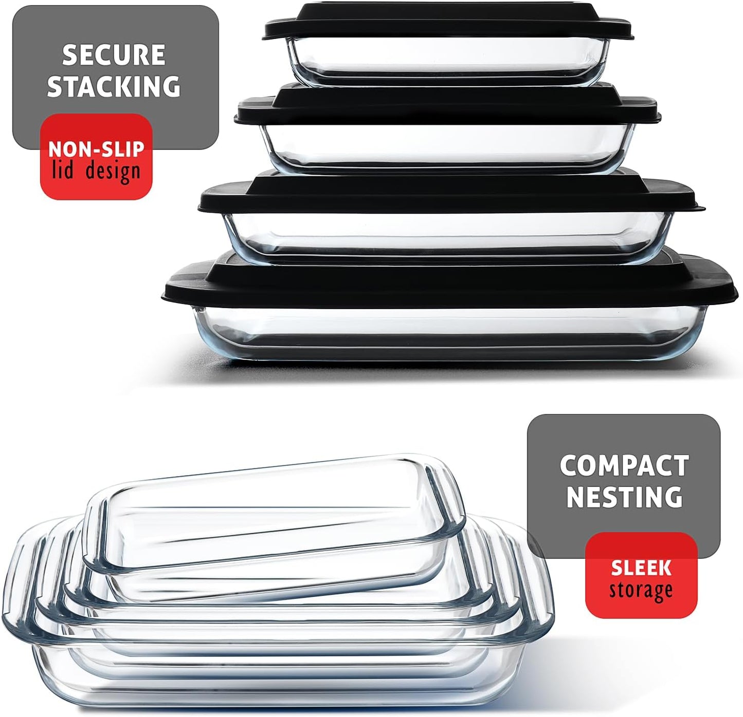 8 - Piece Deep Glass Casserole Dish Set with Plastic Lids – Rectangular Freezer - to - Oven Bakeware S8241 - with | Sold by Uncle Wiener's Wholesale