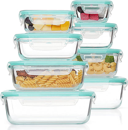 8 - Piece Glass Food Storage Container Set Rectangular & Square Airtight Locking Lids Meal Prep S1344 - with | Sold by Uncle Wiener's Wholesale