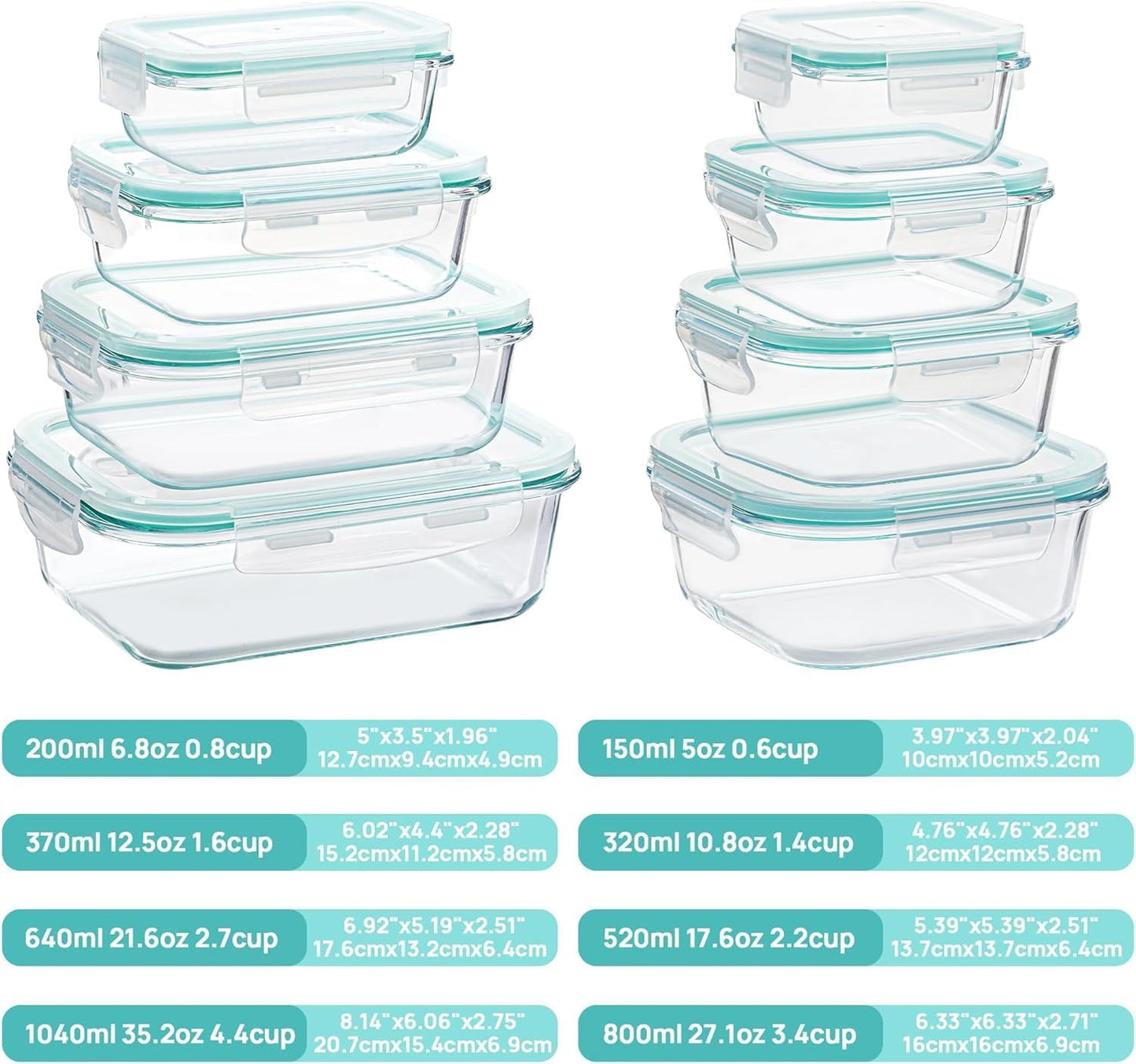 8 - Piece Glass Food Storage Container Set Rectangular & Square Airtight Locking Lids Meal Prep S1344 - with | Sold by Uncle Wiener's Wholesale
