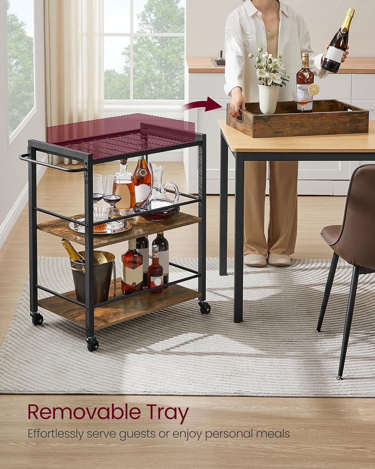 Kitchen Serving Cart with Removable Tray, 3 Tier Rolling Kitchen Cart with Storage Shelves, Utility Cart on Wheels for Kitchen, Dining Room and Bar Rustic Brown and Black LRC72X