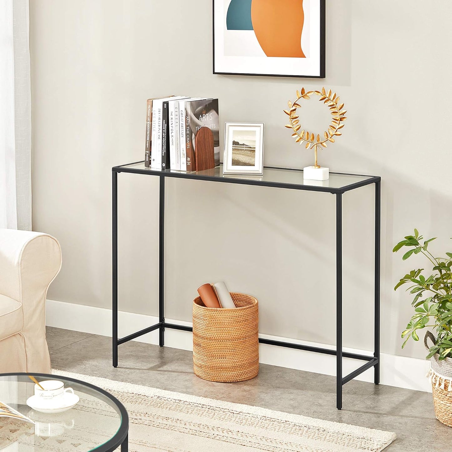 Console Table with Tempered Glass Top, Entryway Table, Sofa Table for Hallway, Living Room and Foyer Ink Black and Clear Glass LGT026B01