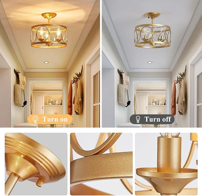 LOOYD Gold Semi Flush Mount Ceiling Light – Vintage Metal Ceiling Fixture for Kitchen, Bedroom & Hallway