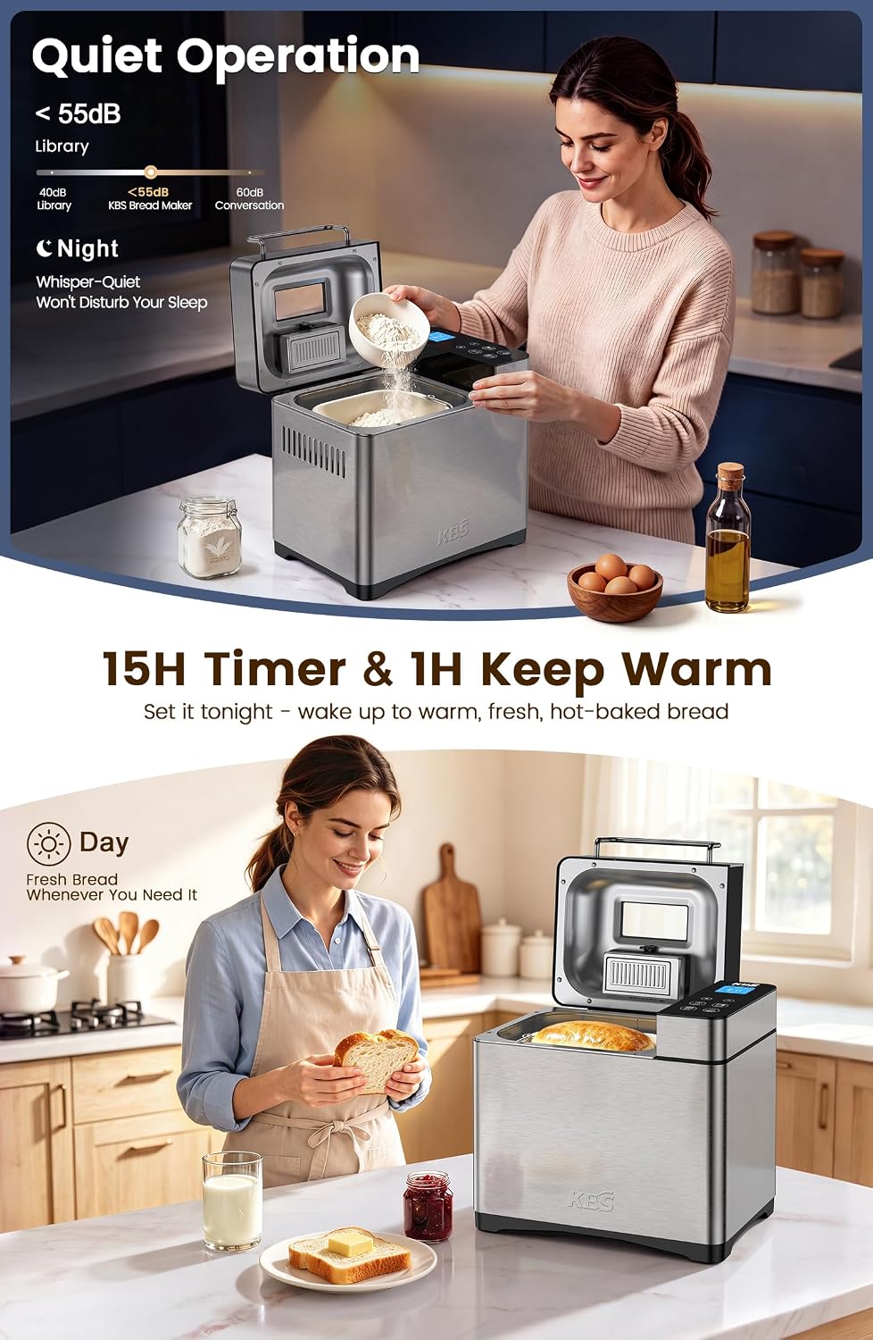 KBS 2.2LB Automatic Bread Maker Machine – 17-in-1 Stainless Steel Bread Machine with Ceramic Pan, Nut Dispenser, Gluten-Free & Sourdough Programs, 3 Loaf Sizes & 15-Hour Timer