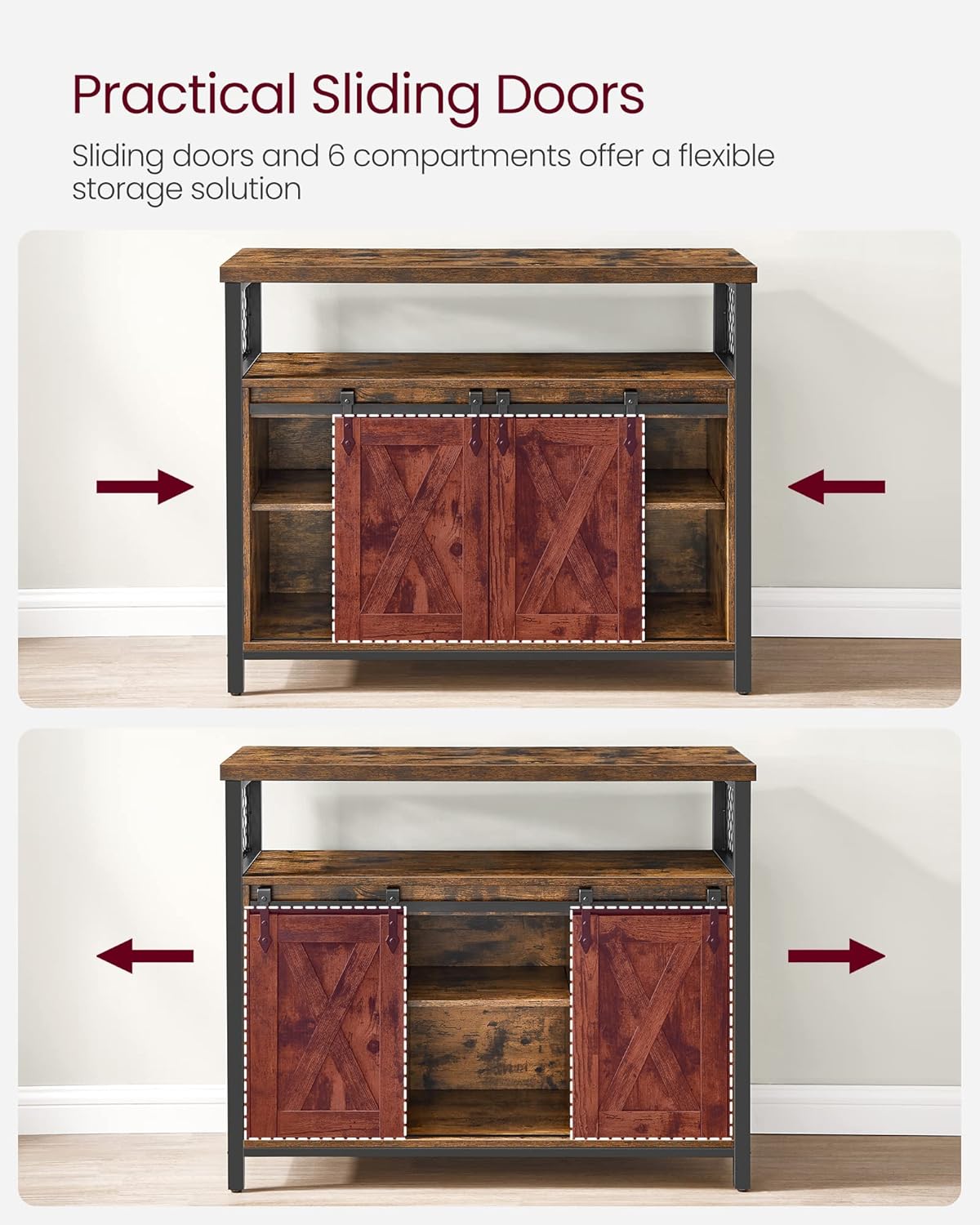Buffet Cabinet with Sliding Barn Doors, Coffee Bar Cabinet, Sideboard Storage Cabinet with Adjustable Shelves for Dining Room, Living Room and Kitchen Rustic Brown and Ink Black LSC092B01