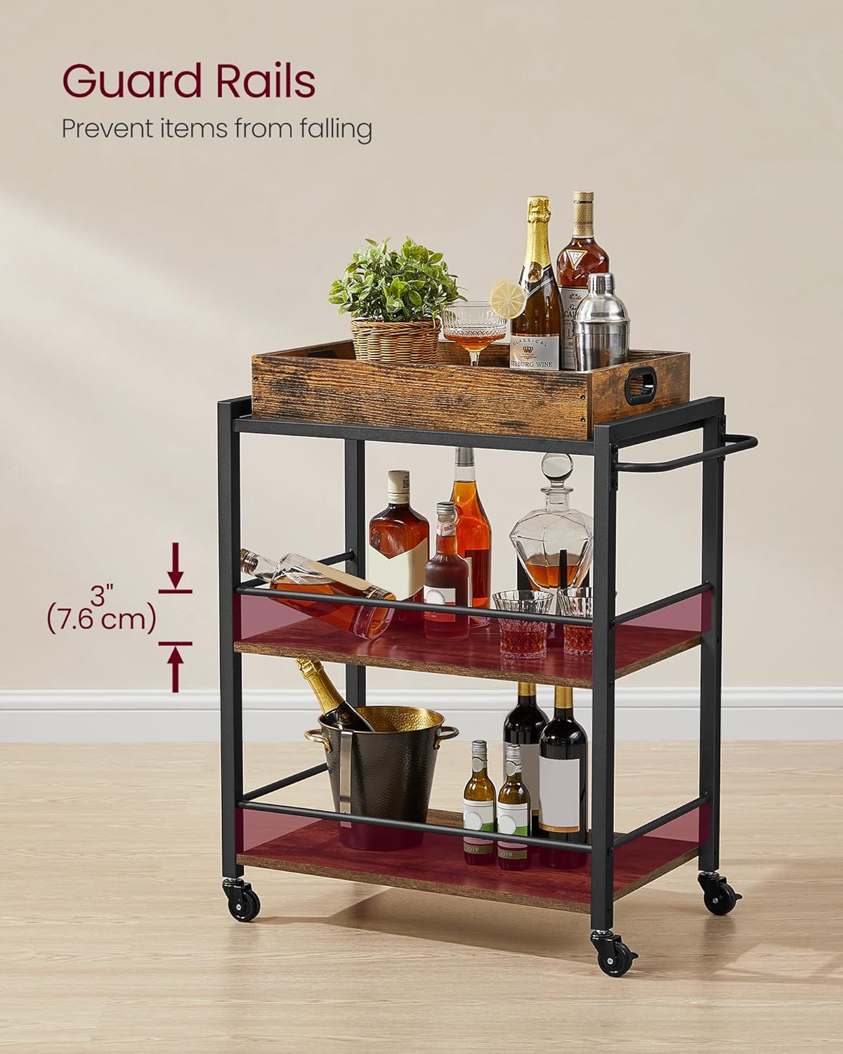 Kitchen Serving Cart with Removable Tray, 3 Tier Rolling Kitchen Cart with Storage Shelves, Utility Cart on Wheels for Kitchen, Dining Room and Bar Rustic Brown and Black LRC72X