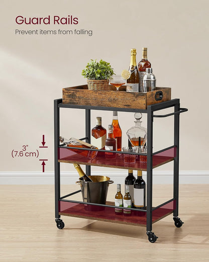 Kitchen Serving Cart with Removable Tray, 3 Tier Rolling Kitchen Cart with Storage Shelves, Utility Cart on Wheels for Kitchen, Dining Room and Bar Rustic Brown and Black LRC72X