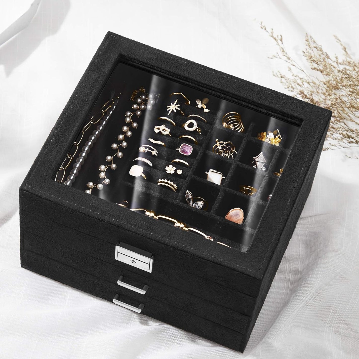 3 Tier Velvet Jewellery Box with Glass Lid, Lockable Jewellery Organizer Case for Rings, Necklaces, Bracelets, Watches and Accessories JBC158