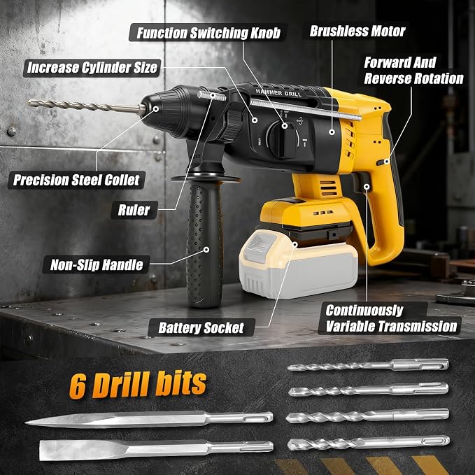 LHC DQSKCW 3J Cordless SDS-Plus Rotary Hammer Drill – Brushless 20V DeWalt Battery Compatible, 3 Modes, 1400 RPM & Drill/Chisel Set