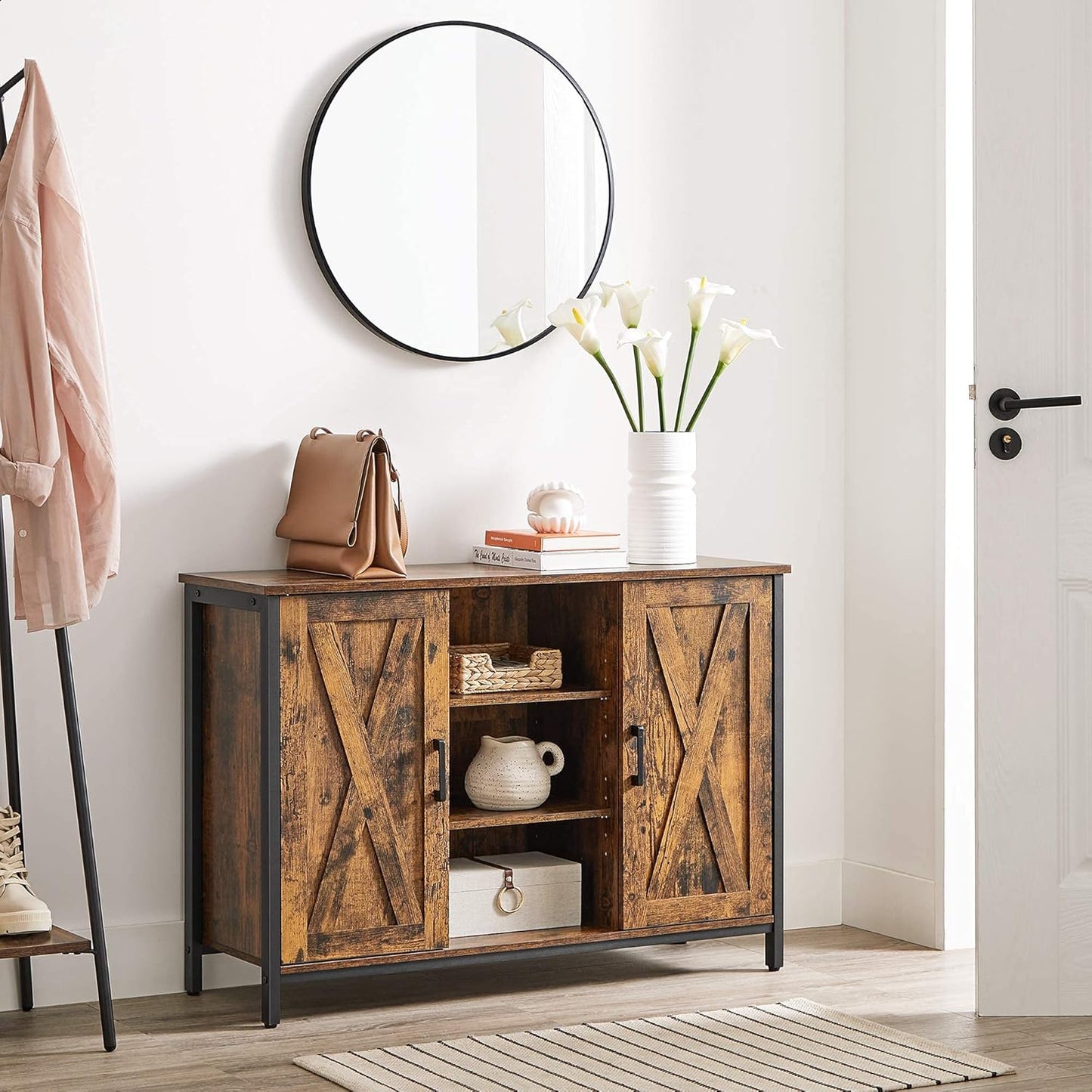 Industrial Sideboard Buffet Cabinet with Doors & Open Shelves – Coffee Bar Storage Cabinet Vintage Brown & Black LSC098B01V1