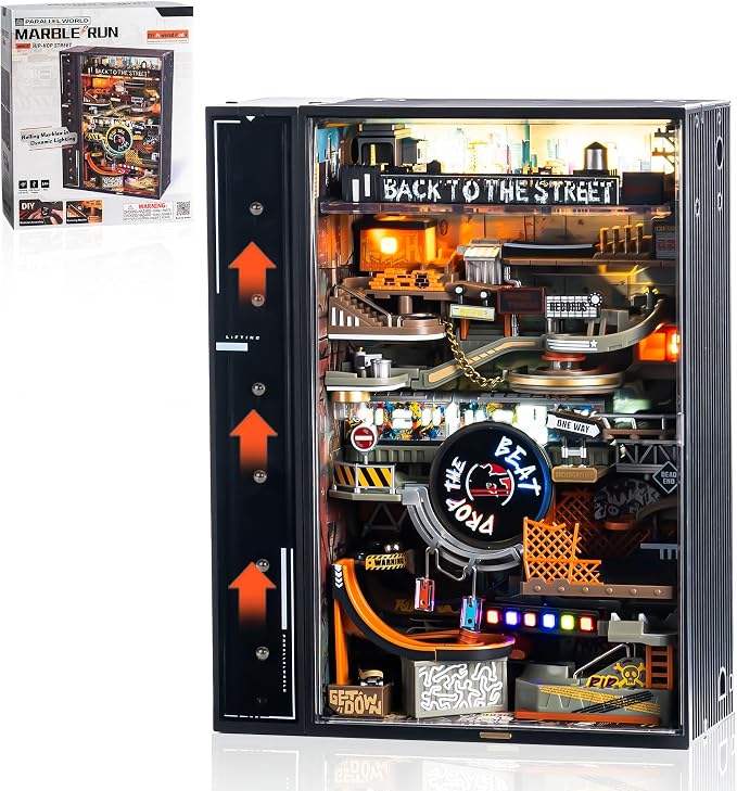 ROBOTIME MR03S Hip-Hop World 3D Wooden Puzzle Marble Run – Light-Up DIY Bookshelf Model Building Kit