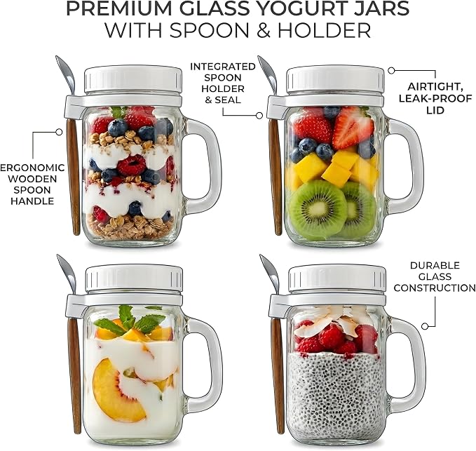Overnight Oats Jars with Lids & Spoons – 4-Pack Glass Meal Prep Containers with Handles, White Lids