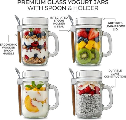 Overnight Oats Jars with Lids & Spoons – 4-Pack Glass Meal Prep Containers with Handles, White Lids