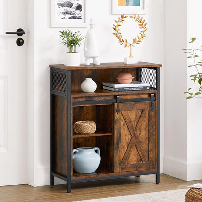 Industrial Storage Cabinet with Sliding Barn Door, Sideboard Buffet Cabinet with Adjustable Shelf and Open Storage for Entryway, Living Room, Kitchen and Office Rustic Brown and Black LSC089B01